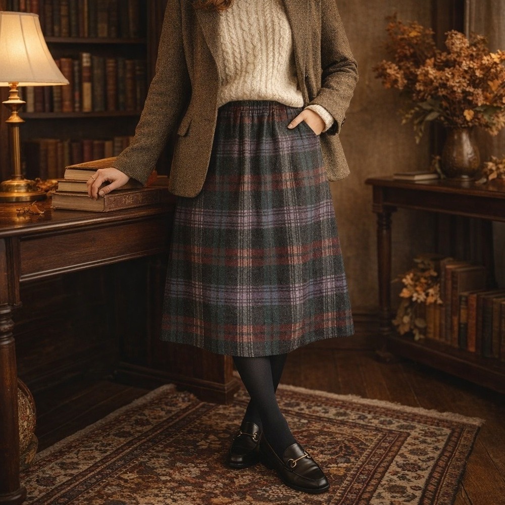 Wardrobe Maker Vintage‎ 70s Plaid A-Line Skirt USA Elastic Waist Academia